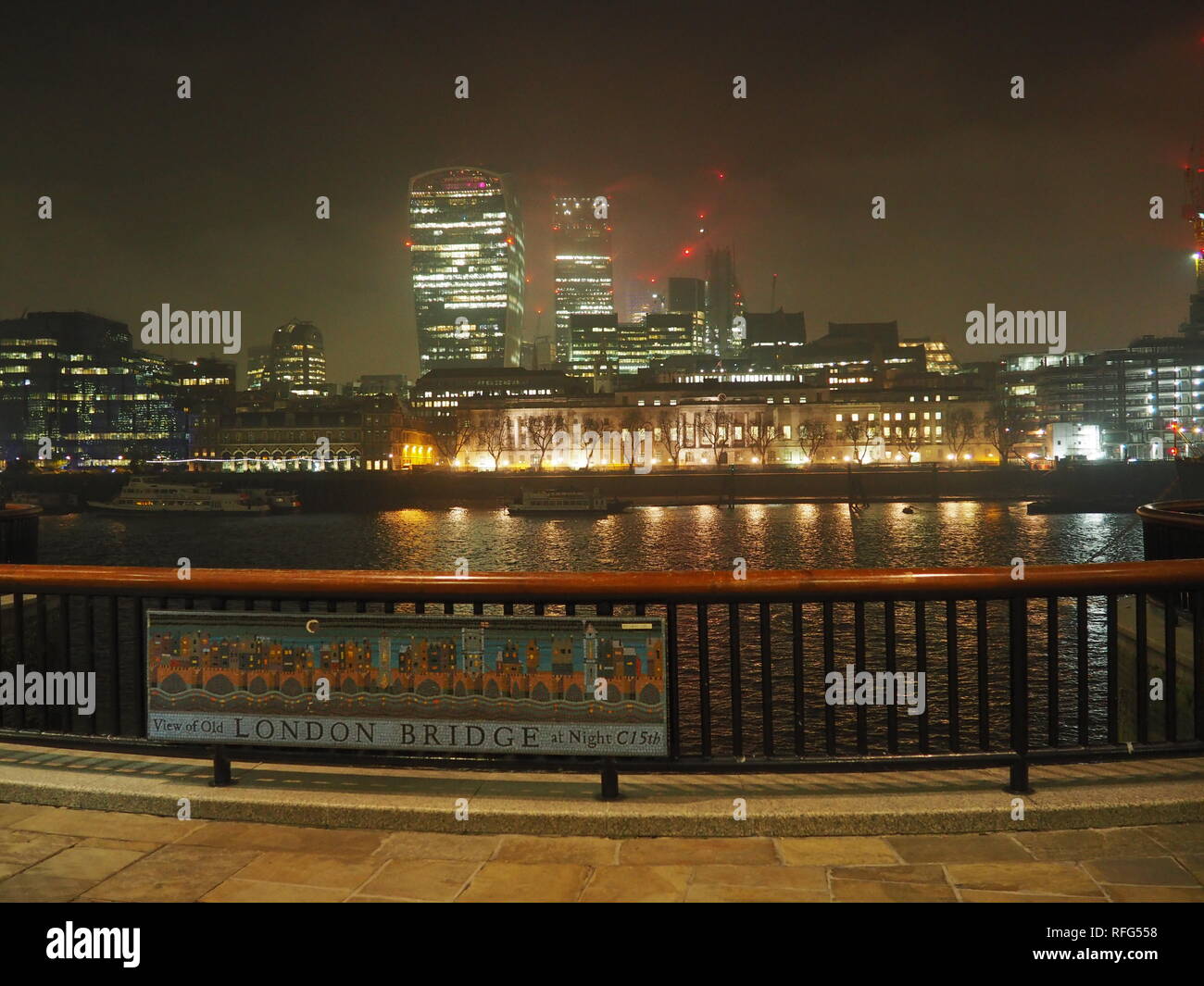 'View of London Bridge by Night' sign from the Hay's Galleria - London - UK Stock Photo