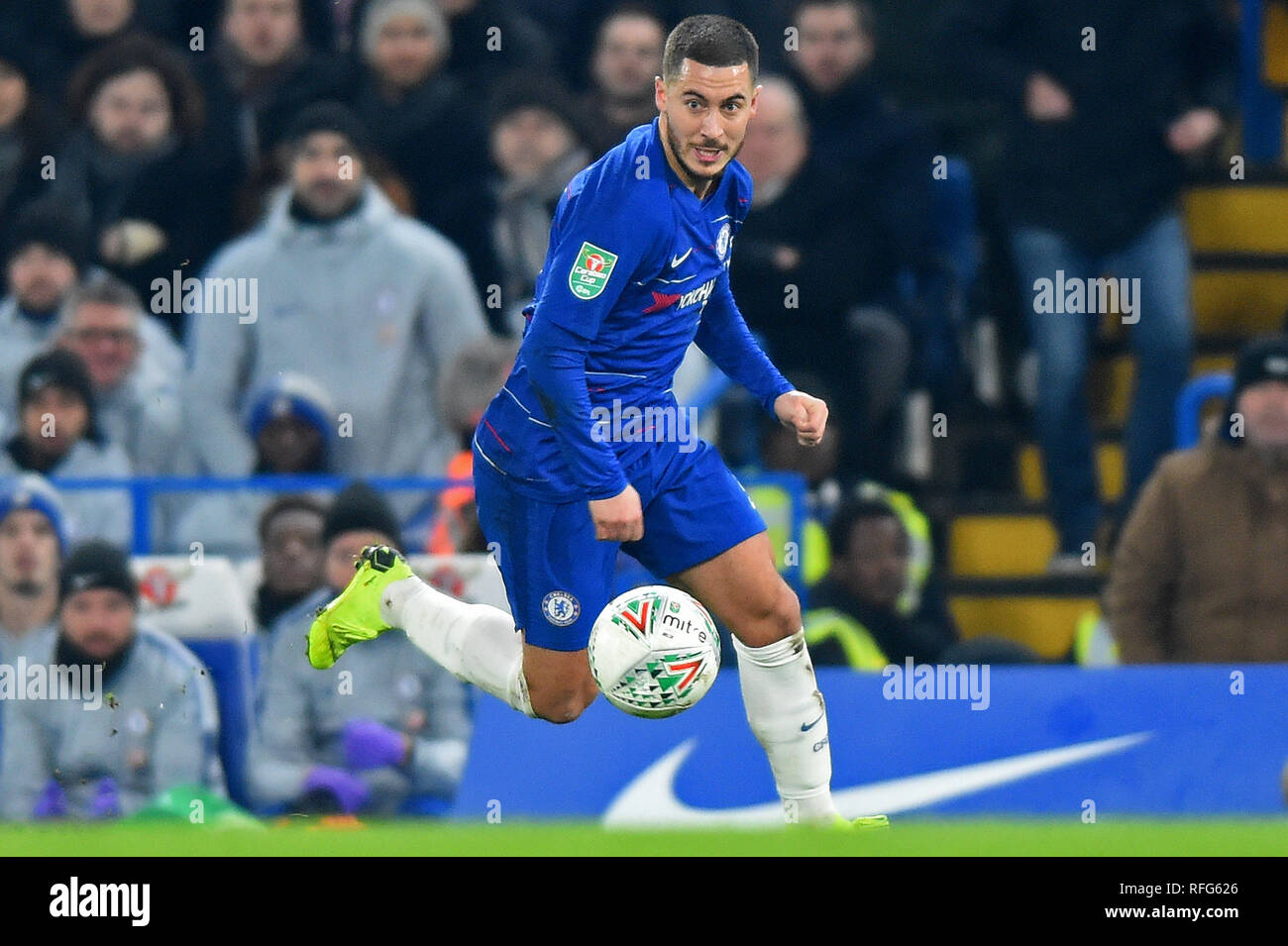 LONDON, UK 24 JANUARY Chelsea midfielder Eden Hazard in action during the Carabao Cup match between Chelsea and Tottenham Hotspur at Stamford Bridge, London on Thursday 24th January 2019. (Photo Credit: MI News & Sport) Stock Photo