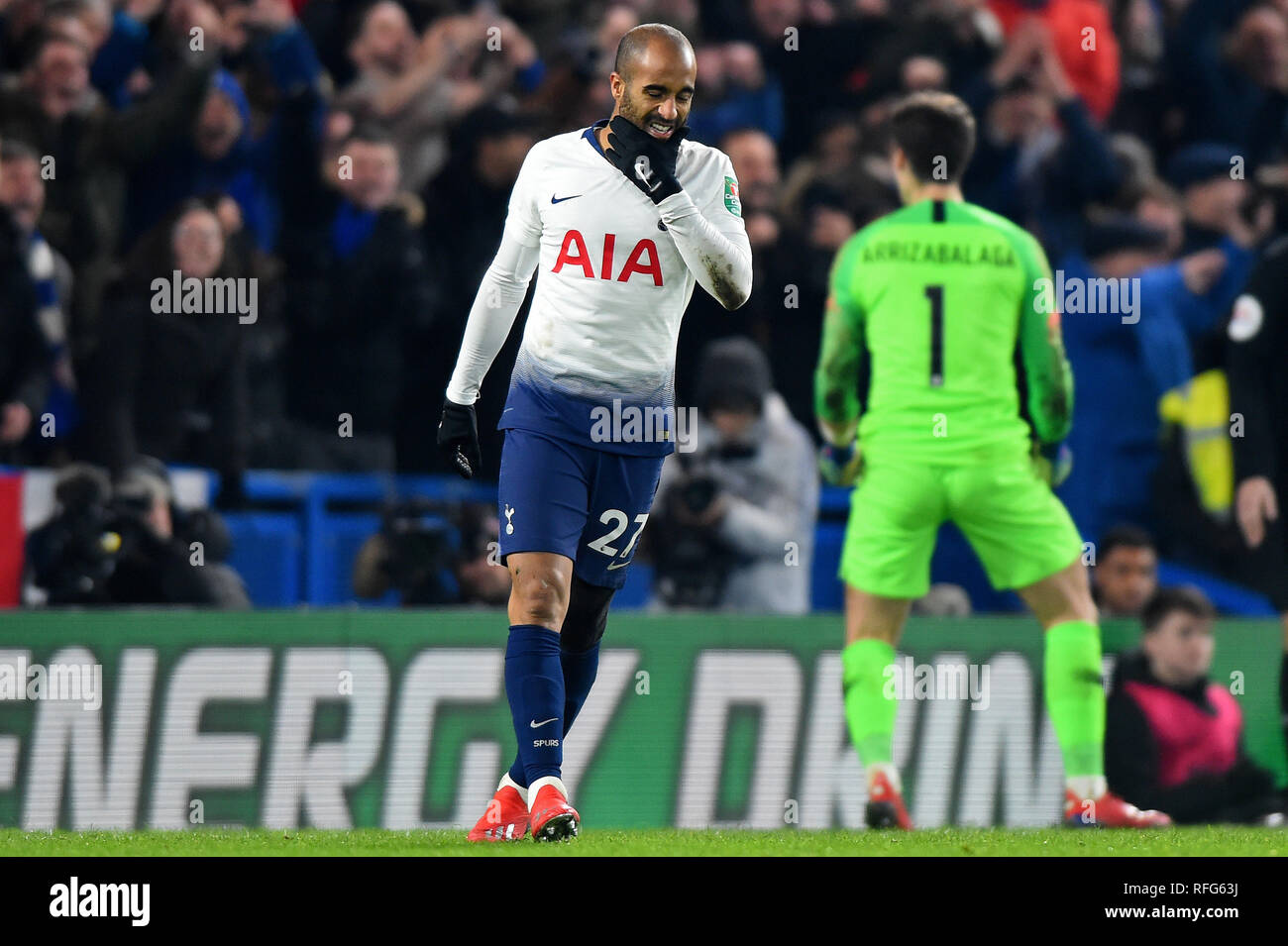 LONDON, UK 24 JANUARY Tottenham midfielder Lucas Moura has his penalty saved during the Carabao Cup match between Chelsea and Tottenham Hotspur at Stamford Bridge, London on Thursday 24th January 2019. (Photo Credit: MI News & Sport) Stock Photo