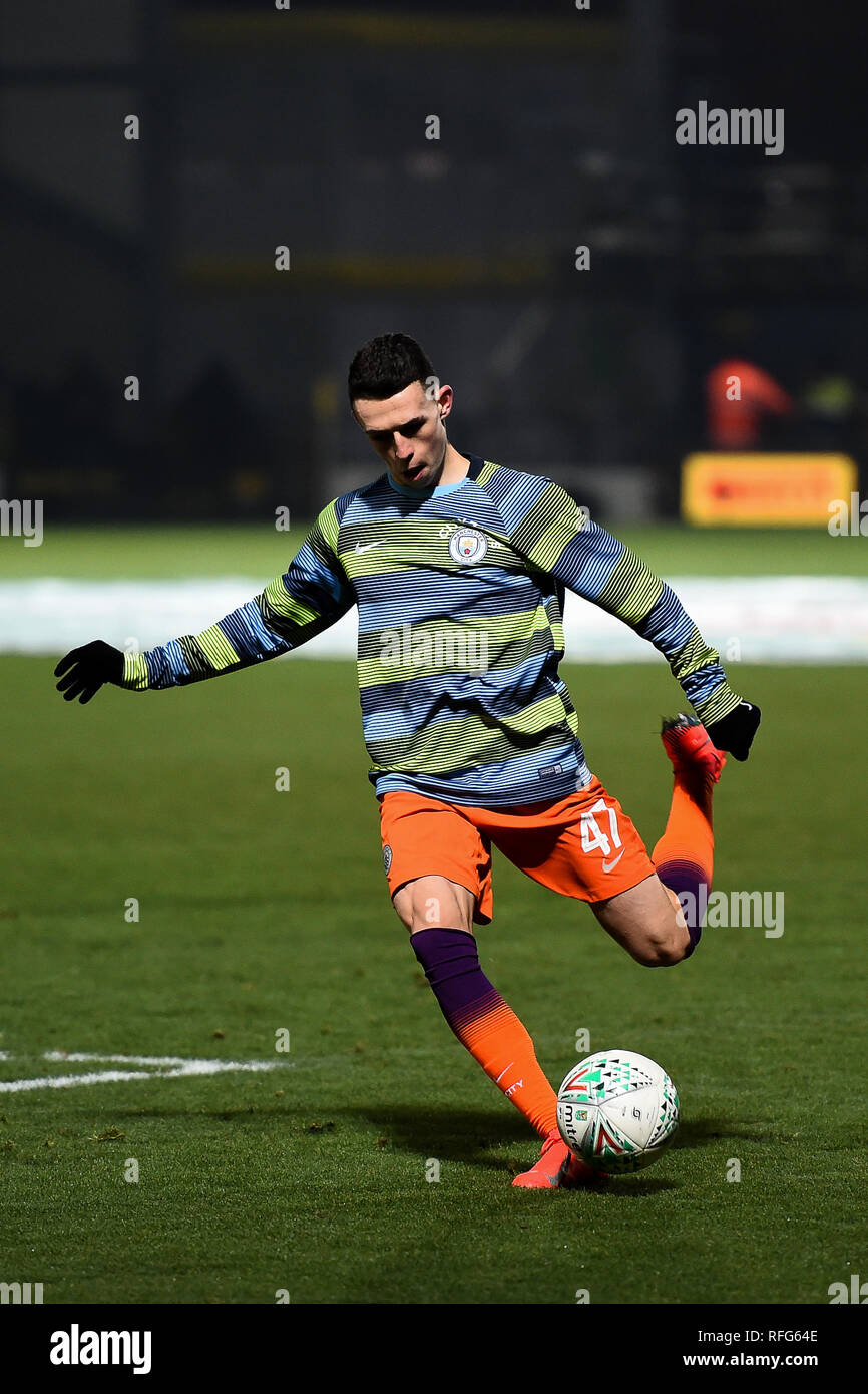BURTON ON TRENT, UK 23 JANUARY.  Manchester City midfielder Phil Foden (47) warms up during the Carabao Cup match between Burton Albion and Manchester City at the Pirelli Stadium, Burton upon Trent on Wednesday 23rd January 2019. (Credit: MI News & Sport) Stock Photo