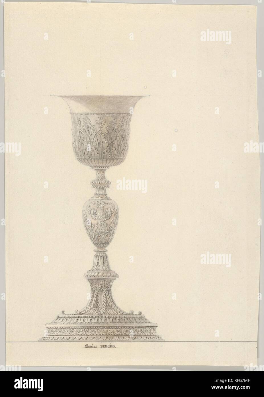 Chalice for the Coronation of Napoleon I. Artist: Charles Percier (French, Paris 1764-1838 Paris). Dimensions: Sheet: 10 1/2 × 7 5/16 in. (26.7 × 18.6 cm). Date: 1804.  Chalice from a set of two design drawings for a communion service consisting of a ciborium and a cup. The foot and base of the two designs are the identical in their structure and decoration. The metal work is covered all over with decorations typical for the Empire period. Characteristic is the Imperial eagle which is depicted between palmettes on the node. The cuppa of the chalice is decorated by one wide frieze, with a patte Stock Photo