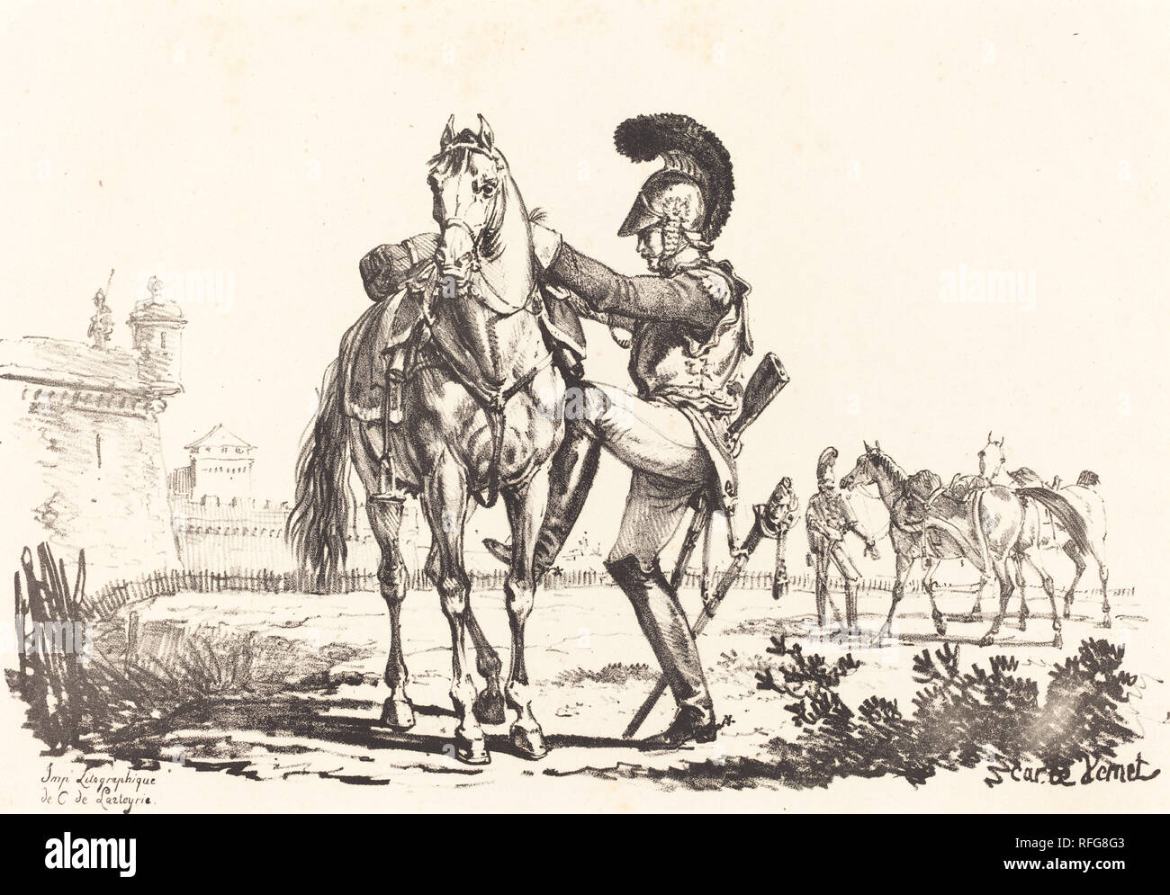 Carabinier Mounting a Horse. Medium: lithograph. Museum: National Gallery of Art, Washington DC. Author: Carle Vernet. Stock Photo