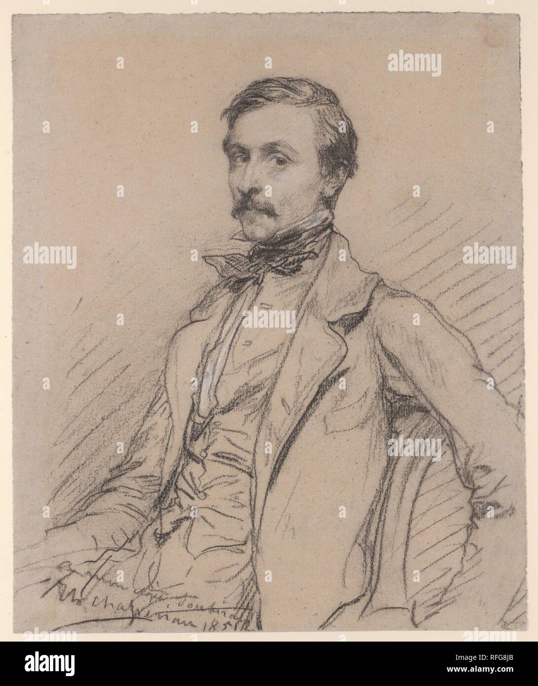 Ernest Chassériau (?). Artist: Théodore Chassériau (French, Le Limon, Saint-Domingue, West Indies 1819-1856 Paris). Dimensions: Sheet: 9 3/8 x 7 3/4 in. (23.8 x 19.7 cm). Date: 1851.  The sitter is thought to be the artist's brother, Ernest, an infantry officer in the French navy, who died during the Franco-Prussian War (1870-71). Chassériau's crayon seems to have virtually danced across the sheet, as it marked the contours and creases of Ernest's jacket, waistcoat, and tie. The sitter's penetrating gaze and refined features are treated with a tenderness befitting a beloved brother. Museum: Me Stock Photo