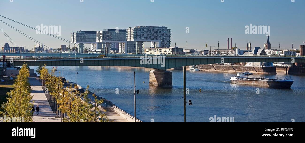 The Rhine with Rhine boulevard and crane houses, Cologne, Rhineland, North Rhine-Westphalia, Germany Stock Photo