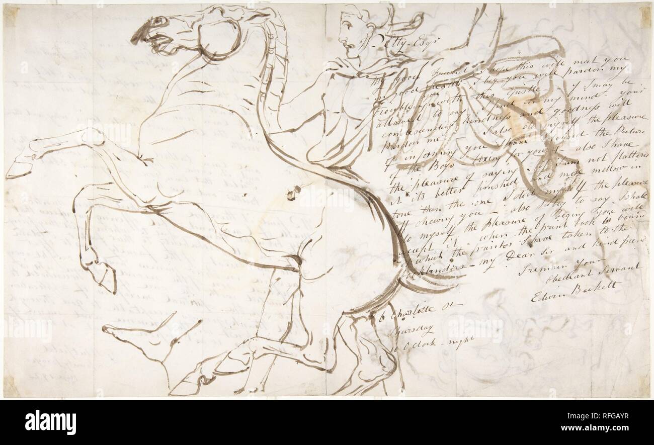Rearing Horse and Trainer, drawn on a letter. Verso: Studies of Women and Children. Artist: William Etty (British, York 1787-1849 York). Dimensions: Overall: 9 1/16 x 14 13/16 in. (23 x 37.7 cm). Date: after 1810. Museum: Metropolitan Museum of Art, New York, USA. Stock Photo