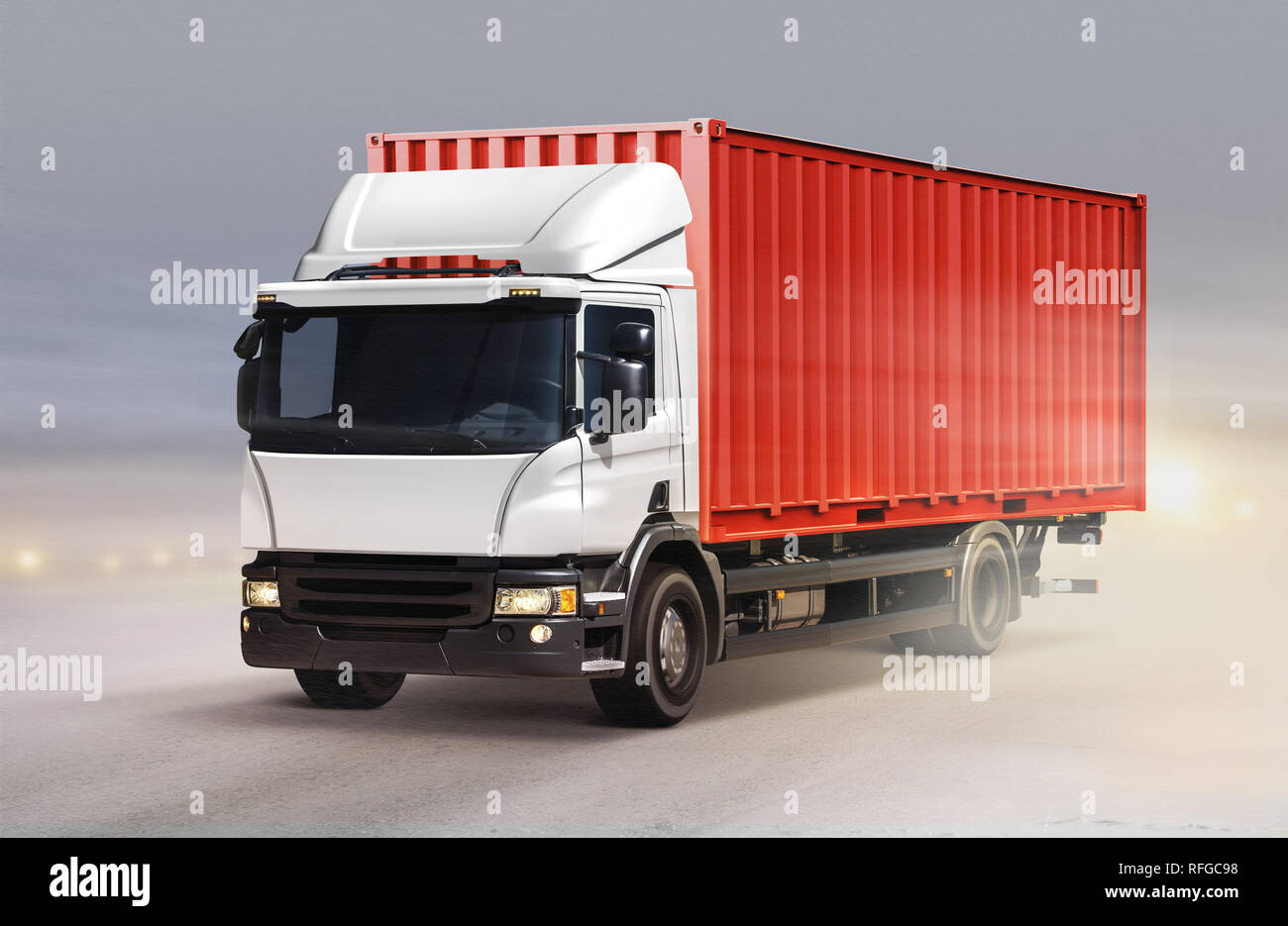 truck with red cargo container on ice road in blizzard Stock Photo - Alamy