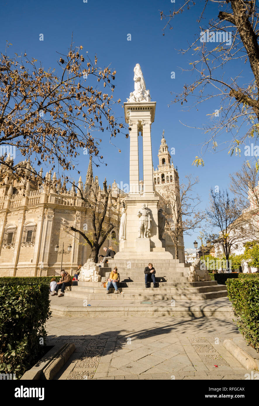 Monument of the Immaculate Conception, Monumento a la Inmaculada Concepcion, Plaza del Triunfo near Seville Cathedral Seville, Spain Stock Photo