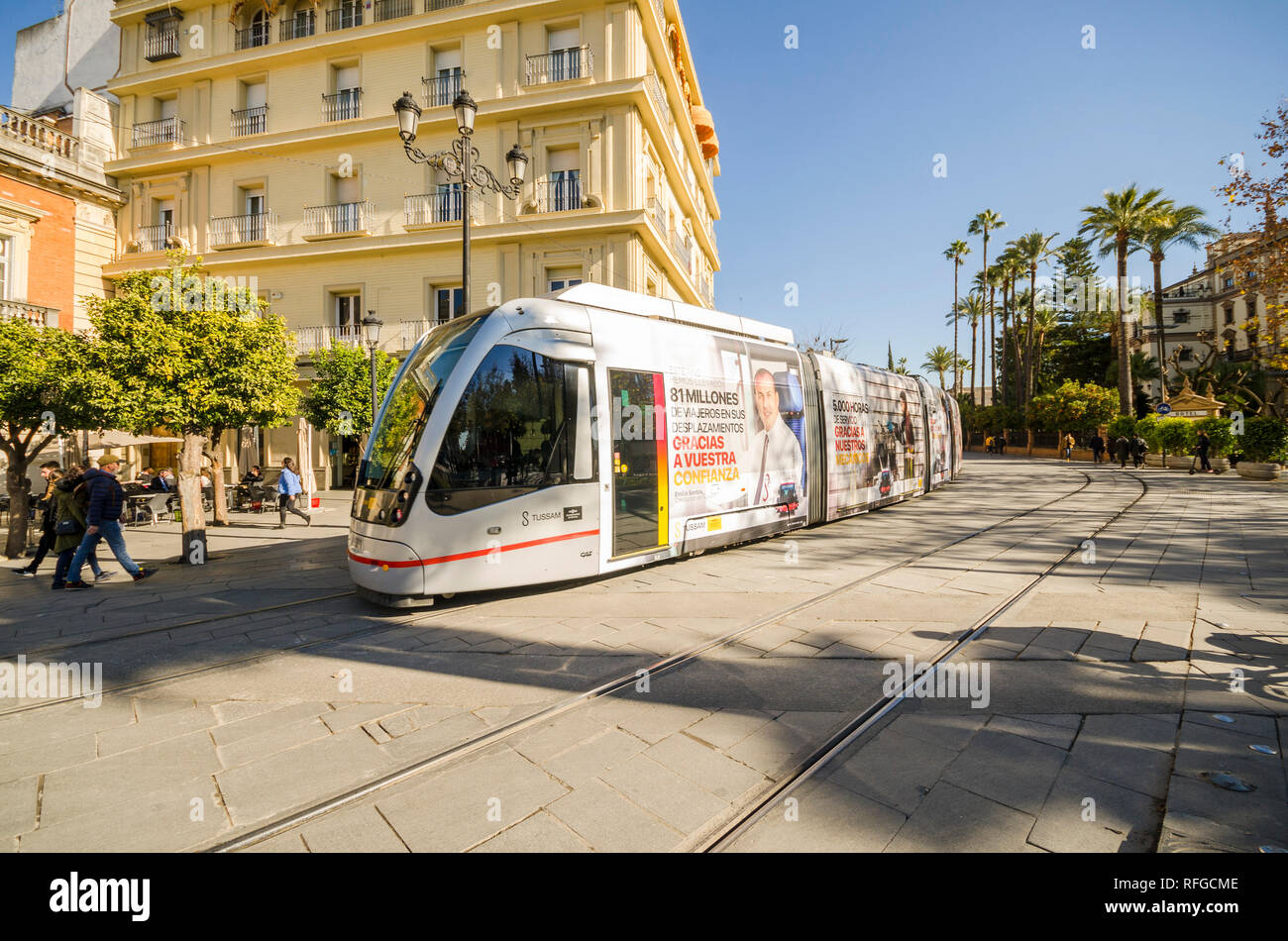 The tram (tranvia) public transport system in Seville, Plaza nueva, Andalucia, Spain. Stock Photo