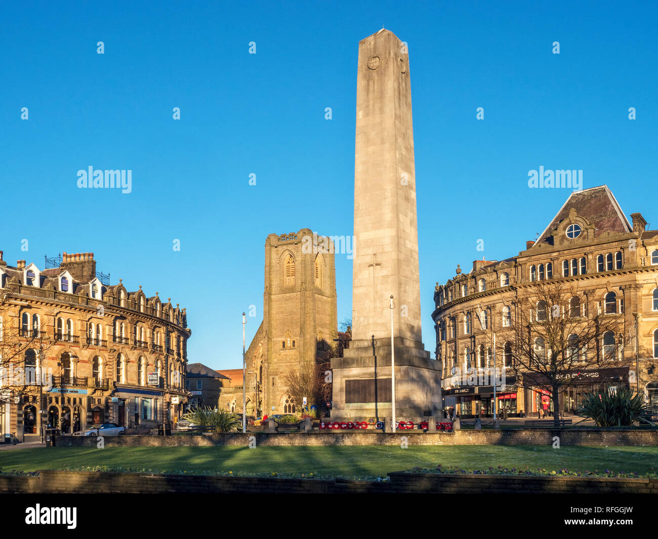 Winter sunshine on the War Memorial and St Peters Church in Harrogate North Yorkshire England Stock Photo