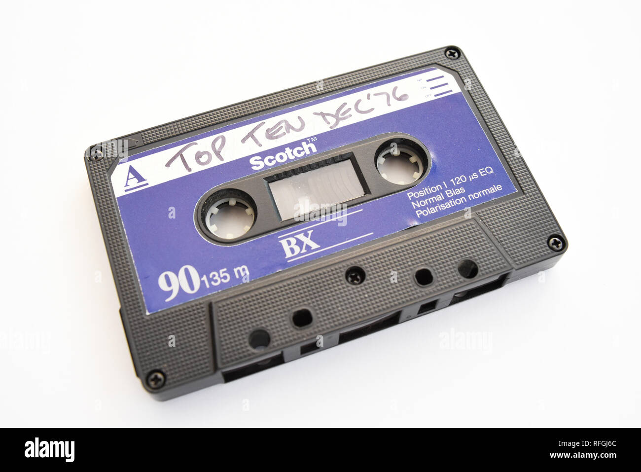 Cassette tape. Vintage, old audio recording format. Audio cassette with  hand written top ten December 1976, recorded music from radio. Scotch C90  Stock Photo - Alamy