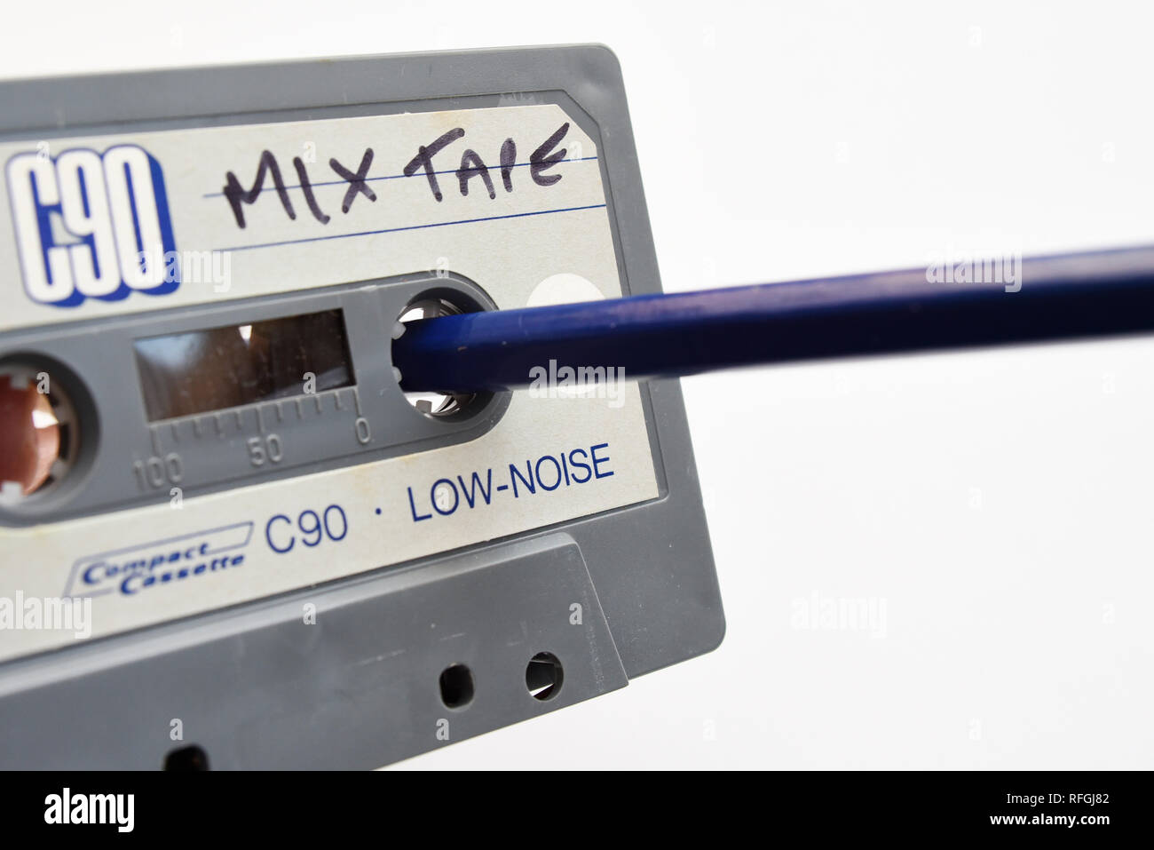 Using a pencil to wind a C90 Cassette tape. Vintage, old audio