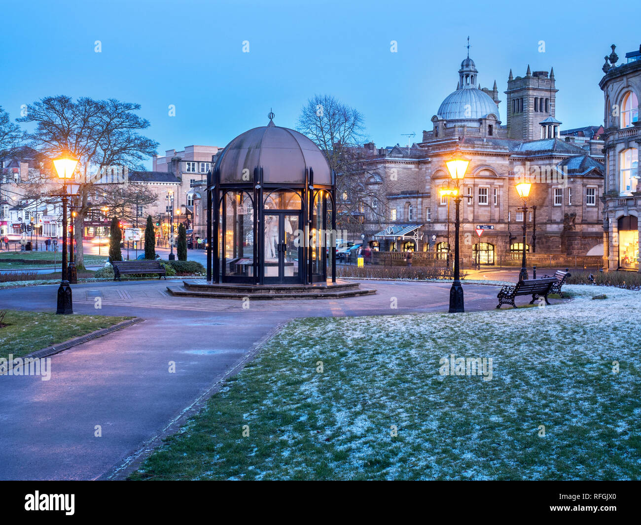 Crescent Gardens and old Royal Baths at dusk in winter Harrogate North Yorkshire England Stock Photo