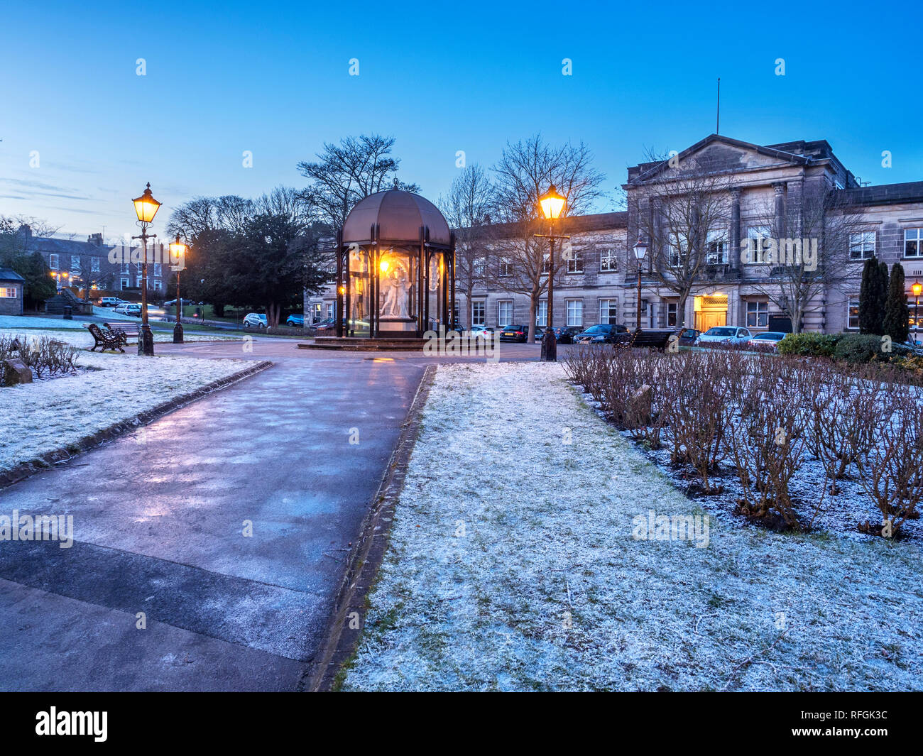 Crescent Gardens and former Council Officesat dusk in winter Harrogate North Yorkshire England Stock Photo