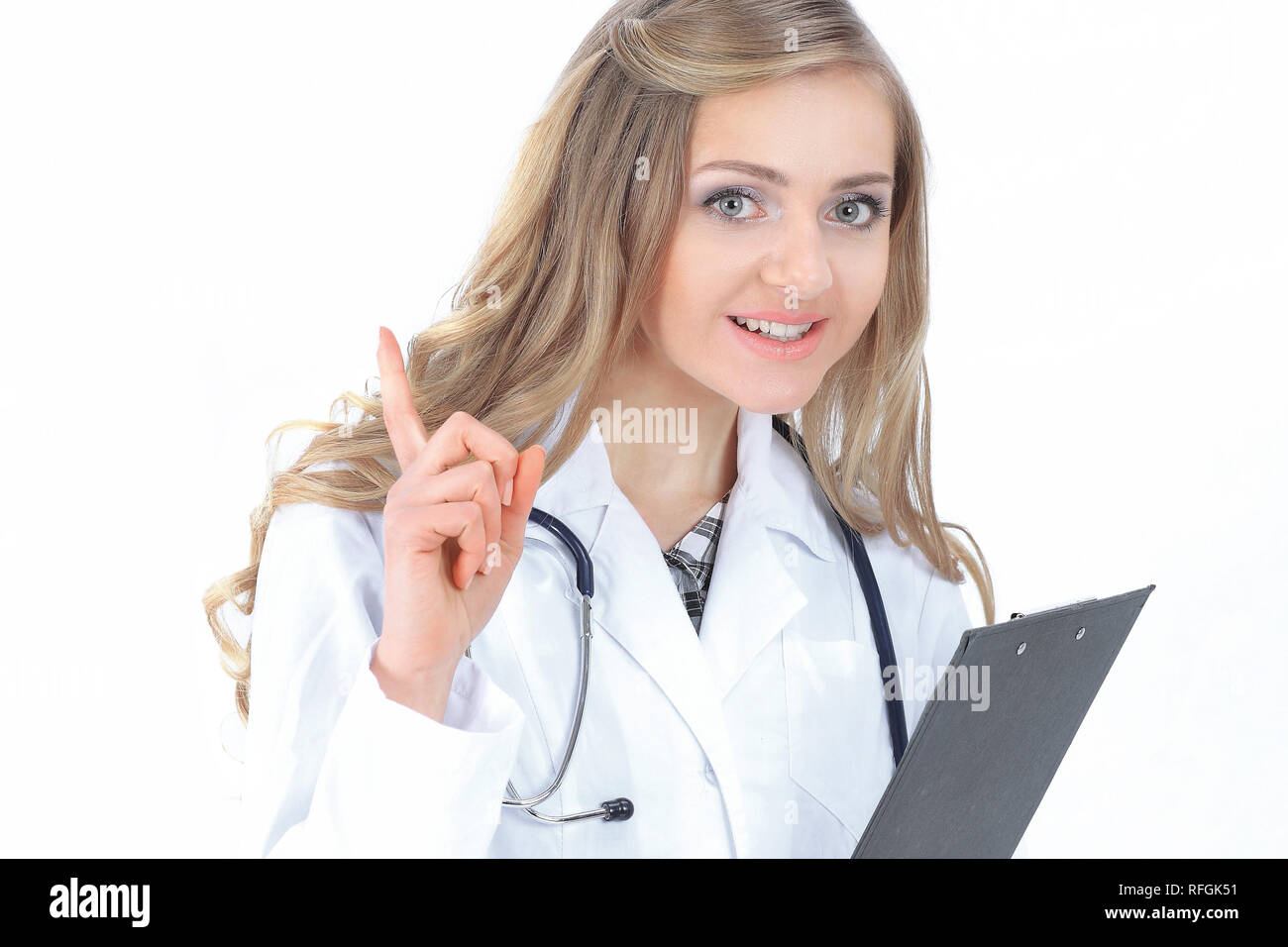 Doctor Point Woman Happy beautiful female doctor point hi-res stock photography and images ...