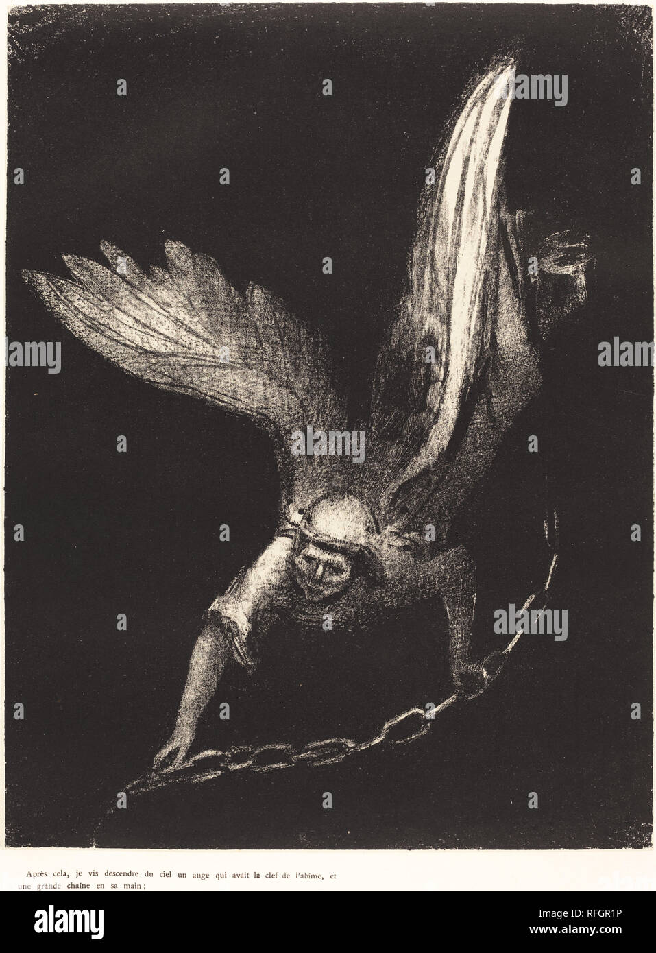 Apres cela je vis descendre du ciel un ange qui avait la clef de l'abime, et une grande chaine en sa main (And I saw an angel come down from heaven, having the key of the bottomless pit and a great chain in his hand). Dated: 1899. Dimensions: image: 30.6 × 23.7 cm (12 1/16 × 9 5/16 in.)  sheet: 54.8 × 41.5 cm (21 9/16 × 16 5/16 in.). Medium: lithograph. Museum: National Gallery of Art, Washington DC. Author: Odilon Redon. Stock Photo
