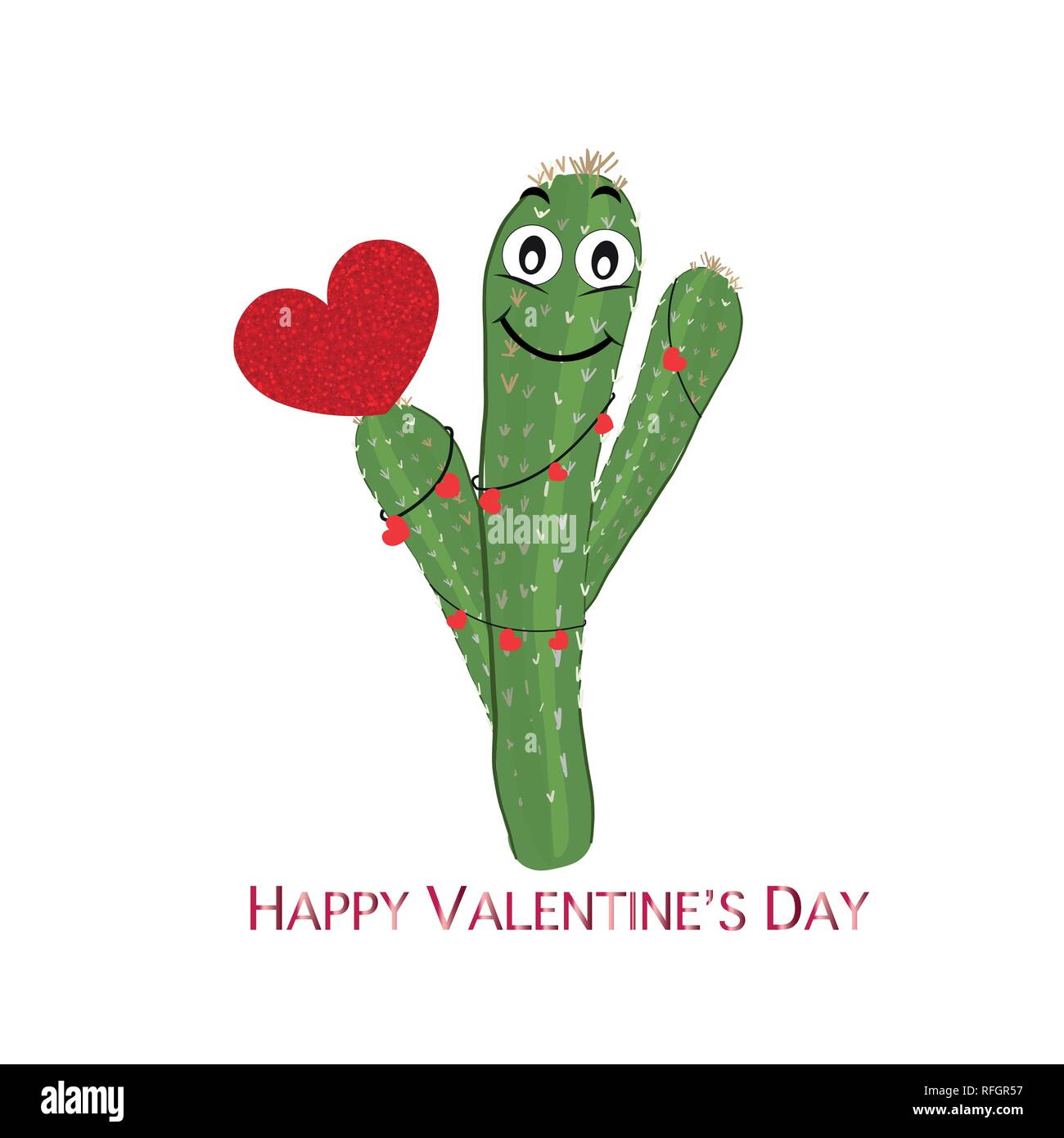Cactus with red hearts. Cute smiling face and succulent holding a shining red heart. Valentine's Day greeting card Stock Vector
