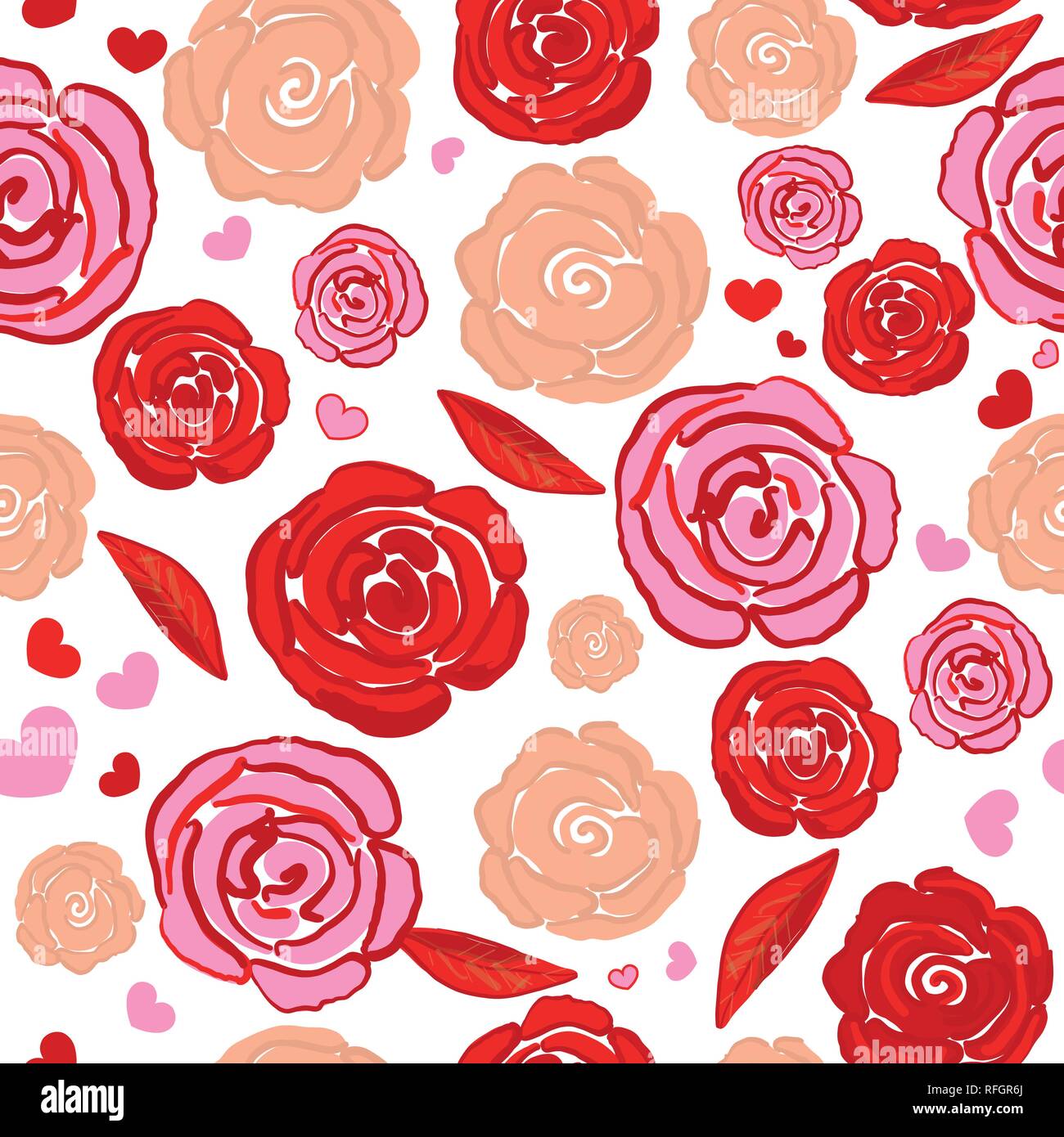 Pink red hand drawing roses cute repeated hearts pattern. Happy Valentine's day wallpaper background Stock Vector
