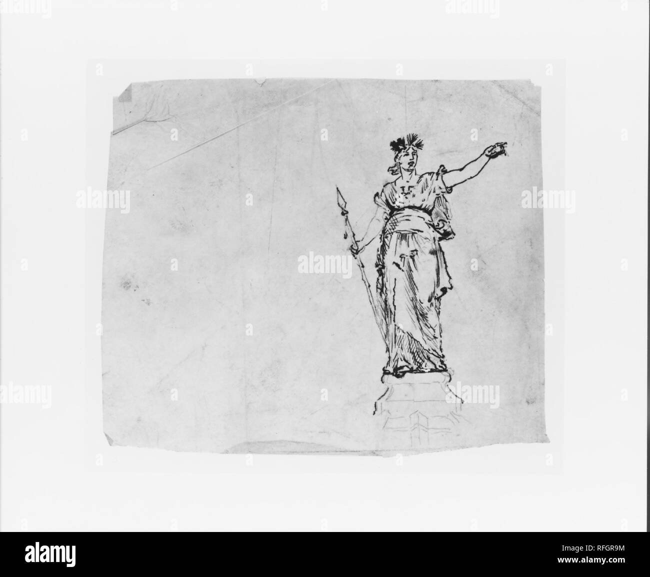 Study for Victory (from Sketchbook). Artist: John Quincy Adams Ward (American, Urbana, Ohio 1830-1910 New York). Dimensions: 5 5/8 × 6 7/8 in. (14.3 × 17.5 cm). Date: ca. 1860.  Ward, a student of Henry Kirke Brown, became known as the 'Dean of American Sculpture.' This page is from a sketchbook, which provides an intimate look at the artist's working methods. Ward's sketches include several classically influenced figures mingled with American Indians on horseback as well as a number of bison. Museum: Metropolitan Museum of Art, New York, USA. Stock Photo