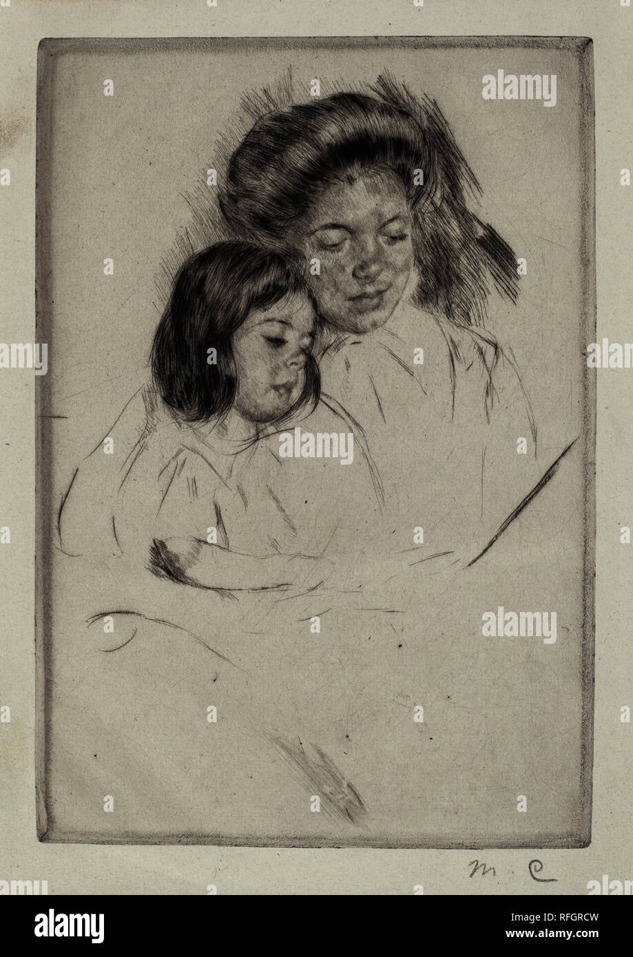 The Picture Book (No. 1). Dated: c. 1901. Dimensions: plate: 22.07 × 14.92 cm (8 11/16 × 5 7/8 in.). Medium: drypoint in black. Museum: National Gallery of Art, Washington DC. Author: Mary Cassatt. Stock Photo