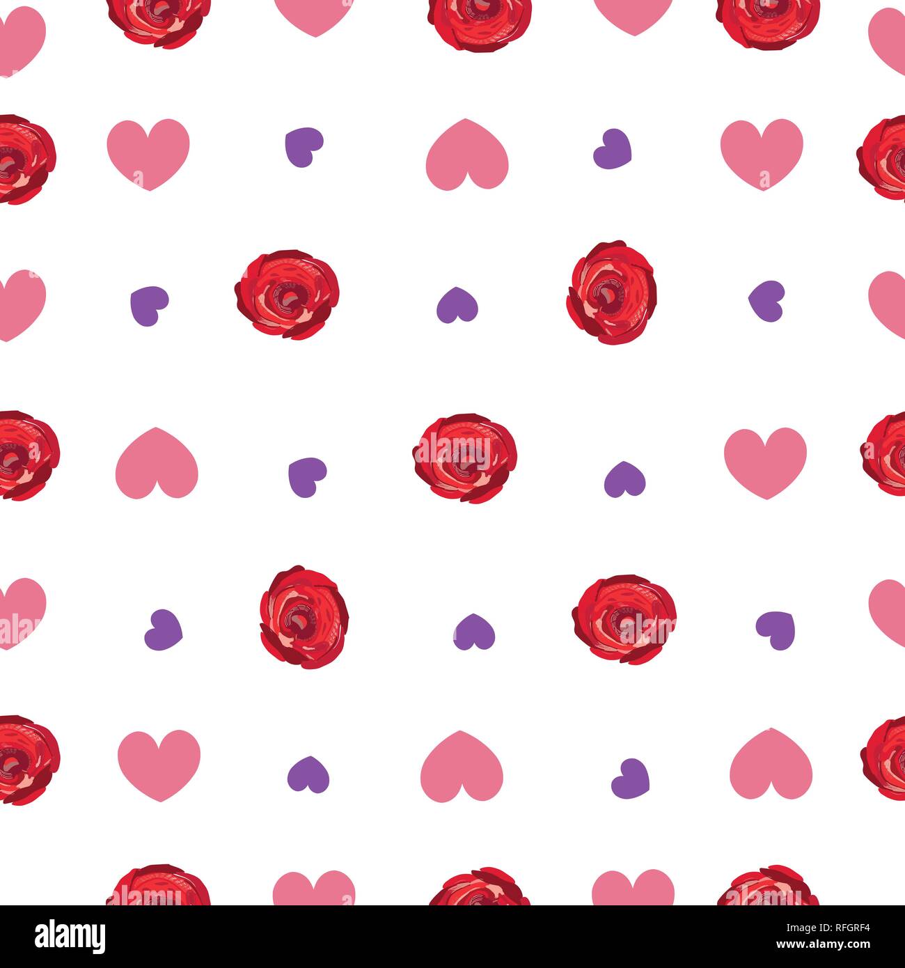 Hand drawing vibrant colored red roses, hearts repeated romantic pattern Stock Vector