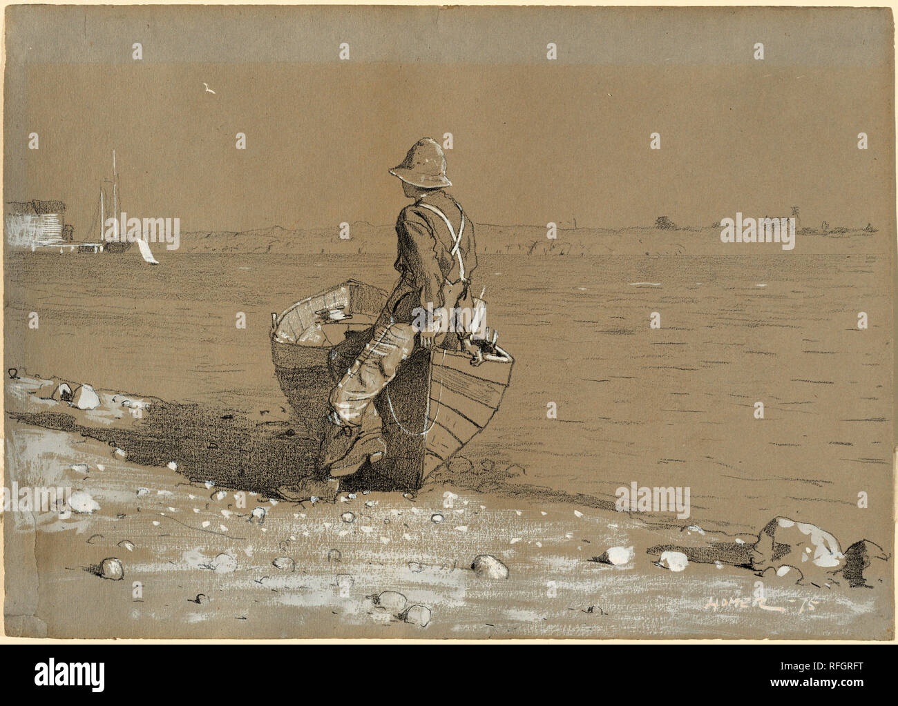 Looking Out. Dated: 1875. Dimensions: sheet: 25.08 × 35.24 cm (9 7/8 × 13 7/8 in.). Medium: graphite and Chinese white on gray wove paper. Museum: National Gallery of Art, Washington DC. Author: Winslow Homer. Stock Photo