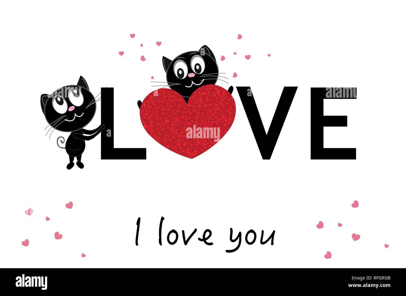 ''love'' text holding cute black lover cats. ''I love you'' text. Happy Valentine's day greeting card Stock Vector