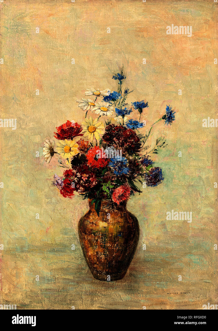 Flowers in a Vase. Dated: c. 1910. Dimensions: overall: 55.9 x 39.4 cm (22 x 15 1/2 in.)  framed: 74.3 x 60.6 x 8.3 cm (29 1/4 x 23 7/8 x 3 1/4 in.). Medium: oil on canvas. Museum: National Gallery of Art, Washington DC. Author: Odilon Redon. Stock Photo