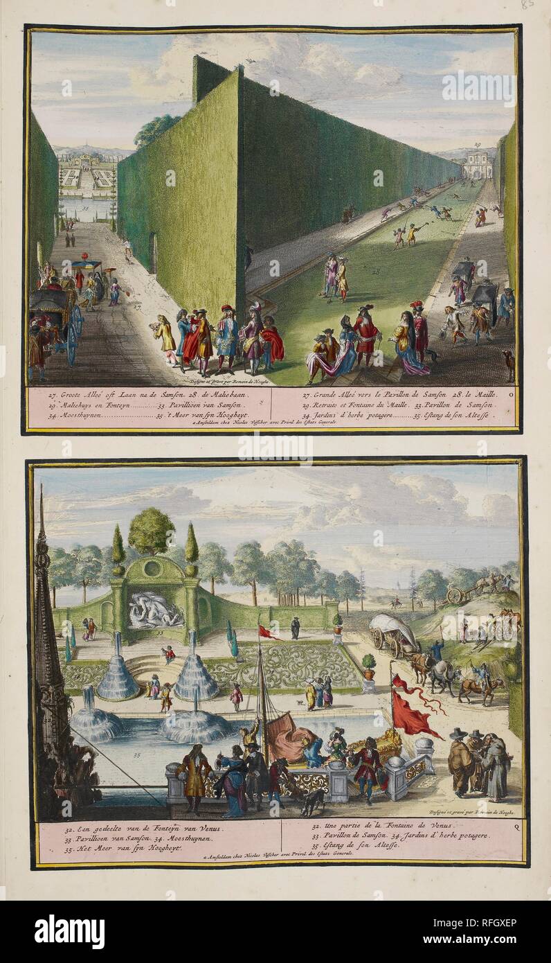 The Park at Enghien. A Collection of 86 plans and views of The Hague. Amsterdam, 1718. The Park at Enghien (ca. 1685). The upper scene is one of the most panoramic of the smaller prints. The view on the left leads through an avenue and across a large reservoir and the extensive kitchen gardens to the pavilion of Samson in the background. To the right the view extends northwards through almost the full extent of the park to another fountain. The lower view shows the pavilion of Samson at closer quarters. Image taken from: A Collection of 86 plans and views of The Hague.  Published in Amsterdam, Stock Photo