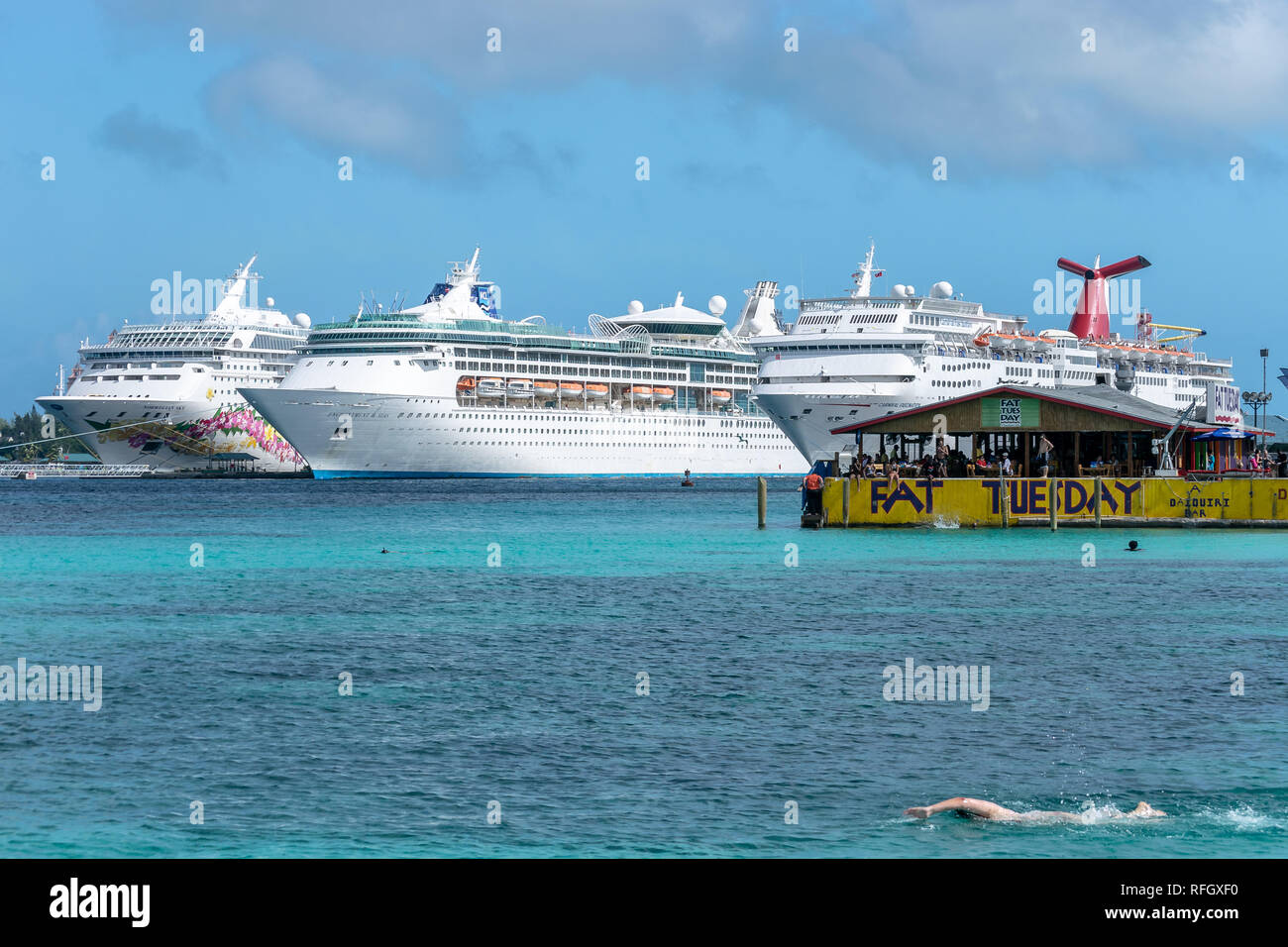 Nassau, Bahamas - December 02 2015: Norwegian Sky, Royal Caribbean Enchantment of the Seas and Carnival Fascination cruise ships docked in Nassau Stock Photo