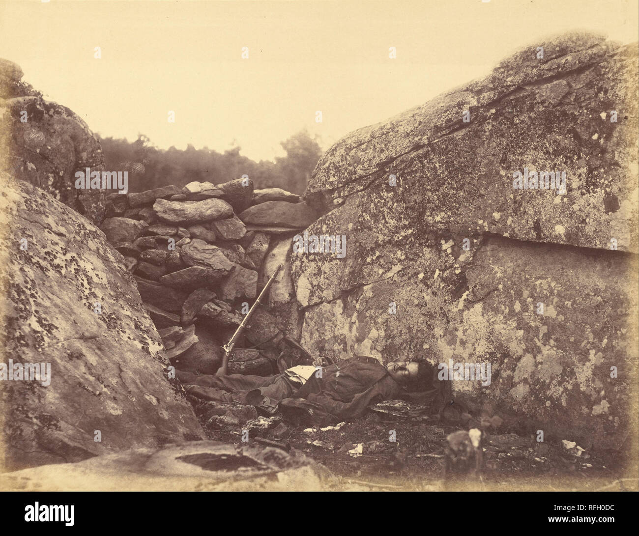 Home of a Rebel Sharpshooter, Gettysburg. Date/Period: Negative July 1863; print 1866. Print. Albumen silver. Height: 176 mm (6.92 in); Width: 230 mm (9.05 in). Author: Alexander Gardner. Stock Photo