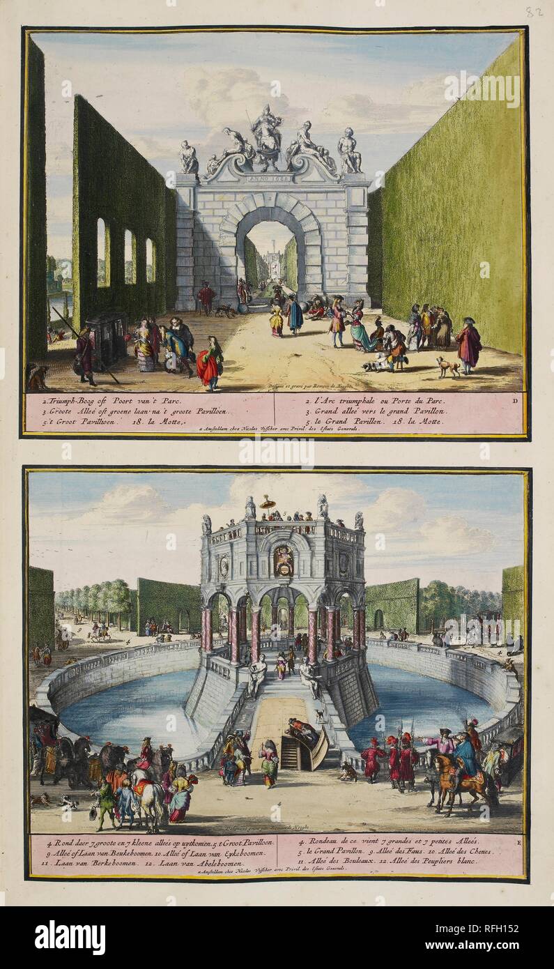 The Park at Enghien. A Collection of 86 plans and views of The Hague. Amsterdam, 1718. The Park at Enghien (ca. 1685). The upper view shows the triumphal arch, dated 1685, that formed the grand entrance to the park. To the left can be glimpsed the large basin or pond with the island garden on a mound. Through the arch can be seen the avenue that led to the main pavilion which is the subject of the lower view. Image taken from: A Collection of 86 plans and views of The Hague.  Published in Amsterdam, 1718. . Source: Maps.C.9.e.9.(82). Language: Dutch. Author: ROMEYN DE HOOGHE. Stock Photo