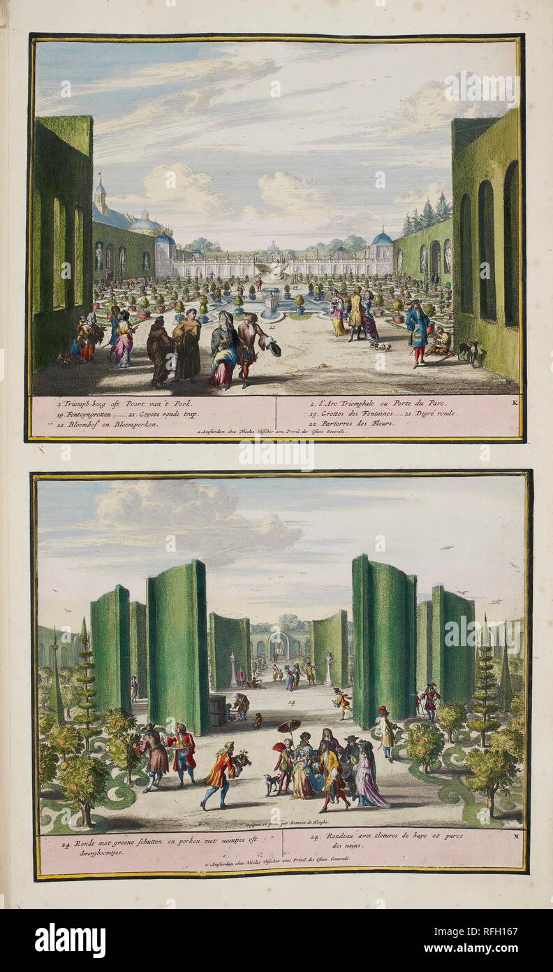 The Park at Enghien. A Collection of 86 plans and views of The Hague. Amsterdam, 1718. The Park at Enghien (ca. 1685). The upper view shows the formal gardens to the right (east) of the main gateway which can be seen in the distance. The garden front of the Duke of Aremberg's palace looms beyond the hedges on the left. The lower view shows one of the formal gardens that ran parallel to the garden in the upper view. Pride of place goes to the hedges that have been clipped to form screens, green tunnels and an obelisk. Image taken from: A Collection of 86 plans and views of The Hague.  Published Stock Photo