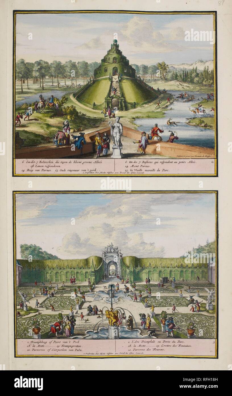The Park at Enghien. A Collection of 86 plans and views of The Hague. Amsterdam, 1718. The Park at Enghien (ca. 1685). The upper view shows Mount Parnassus on the west side of the park. Deer are being hunted at the foot of the Mount and some boys are climbing over the low walls of the bastion to join in. In the lower print which shows the formal gardens to the east of the main gateway, the aristocratic visitors meet and greet each other, while the gardeners rake the gravel in the flowerbeds and water the bushes. Image taken from: A Collection of 86 plans and views of The Hague.  Published in A Stock Photo