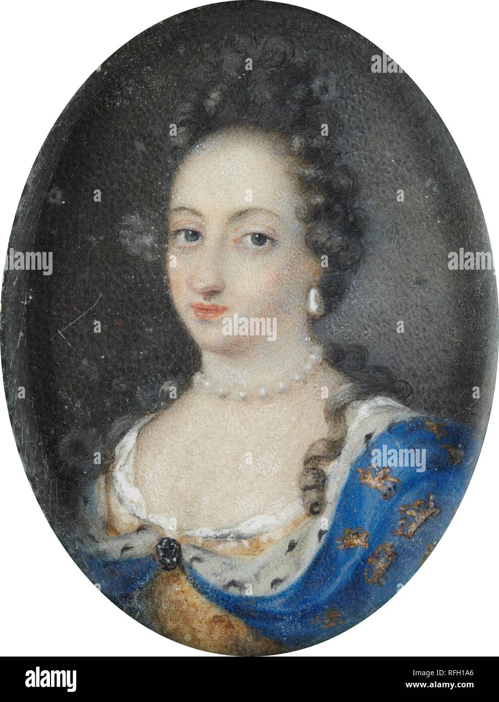 Miniature portrait of Queen Ulrika Eleonora the Elder, Queen of Sweden 1680-1693. Date/Period: Ca. 1680. Painting. Gouache on parchment. Height: 62 mm (2.44 in); Width: 48 mm (1.88 in). Author: UNKNOWN ARTIST. Stock Photo