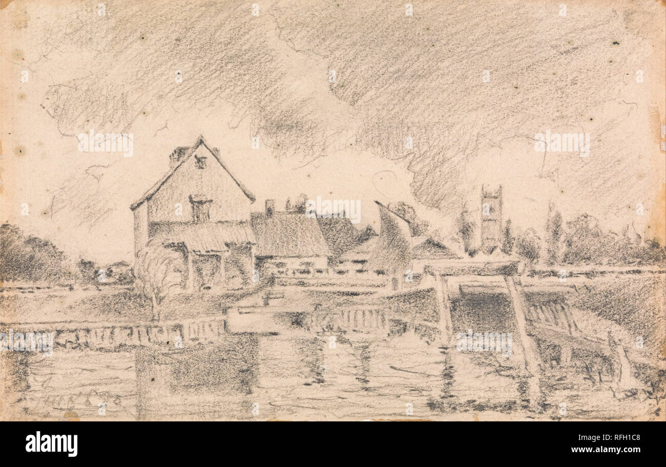 Copy of Constable's Painting, Dedham Lock and Mill. Landscape. Graphite on medium, slightly textured, beige wove paper. Height: 102 mm (4.01 in); Width: 156 mm (6.14 in). Author: UNKNOWN ARTIST. Stock Photo