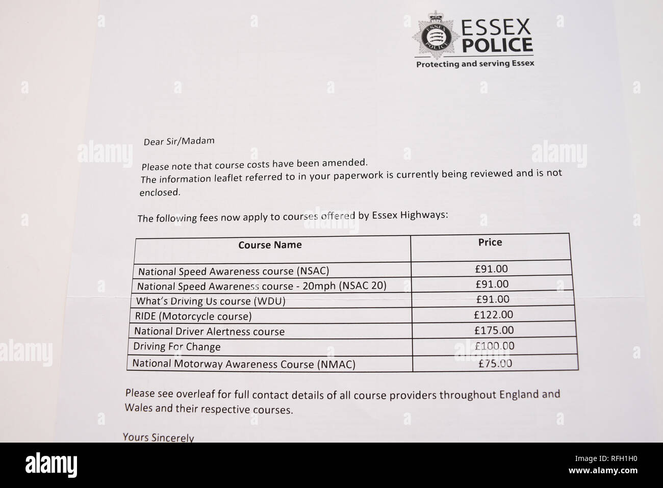 Essex Police letter outlining details of awareness courses for drivers following a speeding offence. Prices for various courses Stock Photo