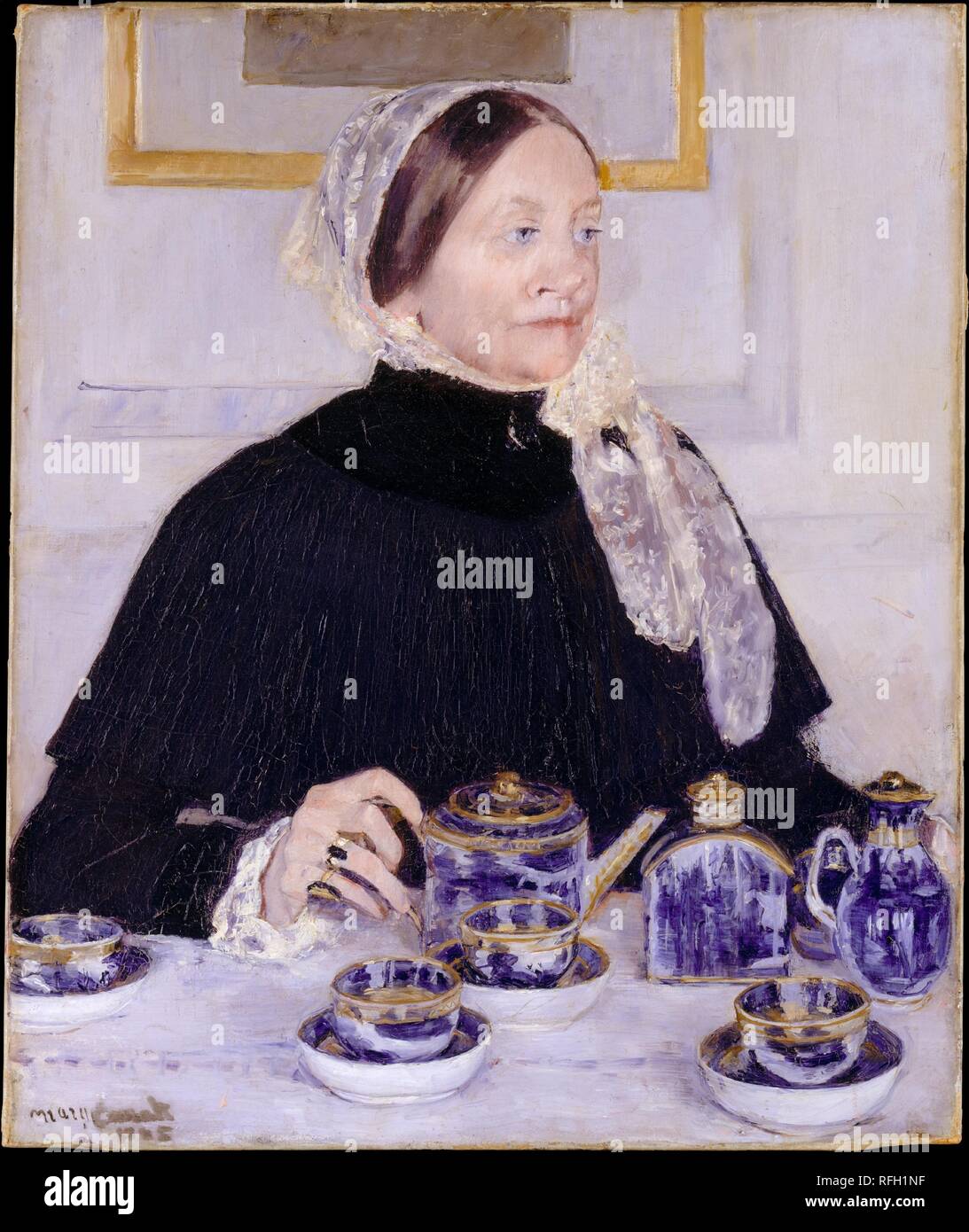 Lady at the Tea Table. Artist: Mary Cassatt (American, Pittsburgh, Pennsylvania 1844-1926 Le Mesnil-Théribus, Oise). Dimensions: 29 x 24 in. (73.7 x 61 cm). Date: 1883-85.  This work shows Mary Dickinson Riddle, Cassatt's mother's first cousin, presiding at tea, a daily ritual among upper-middle-class women on both sides of the Atlantic. Mrs. Riddle's hand rests on the handle of a teapot, part of a gilded blue-and-white Canton porcelain service that her daughter had presented to the artist's family. Painted in response to the gift, the portrait demonstrates Cassatt's mastery of Impressionism i Stock Photo