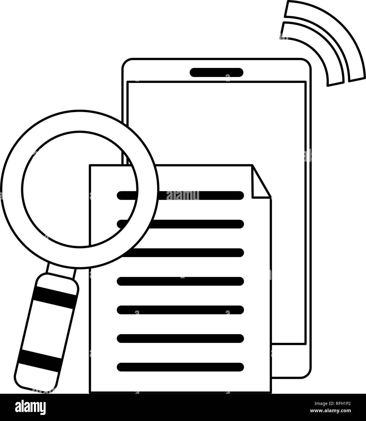 smartphone with document and magnifying glass in black and white Stock ...