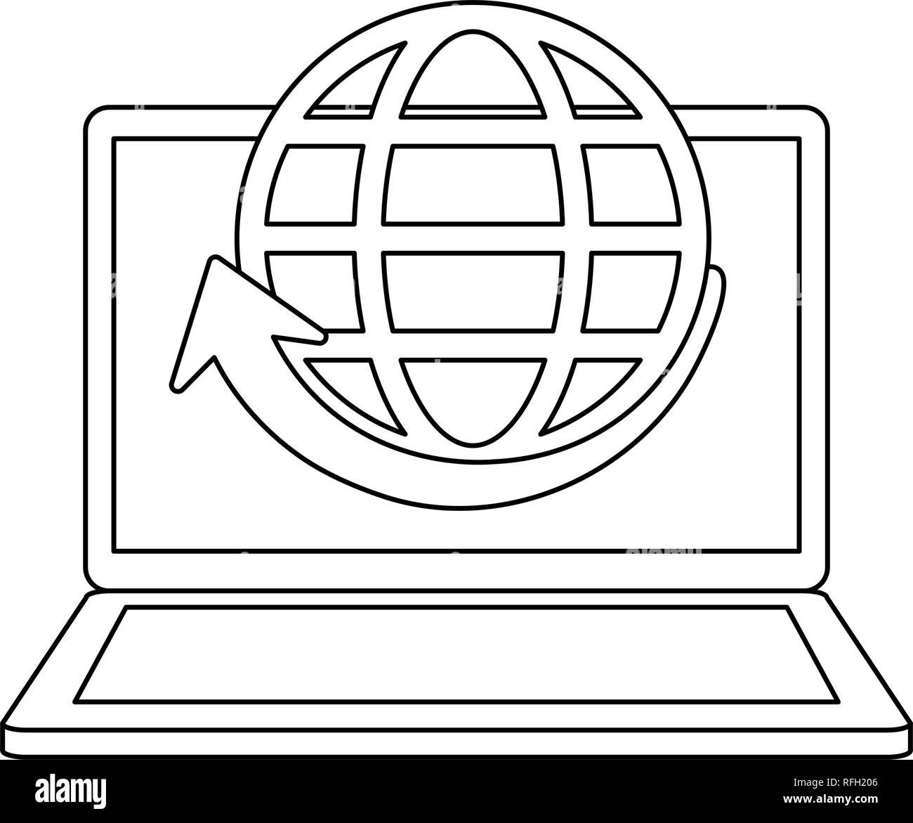 laptop with global sphere and arrow in black and white Stock Vector ...