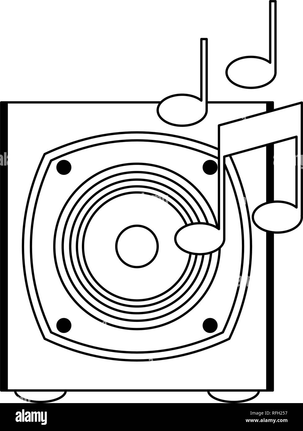 Music speaker with notes in black and white Stock Vector