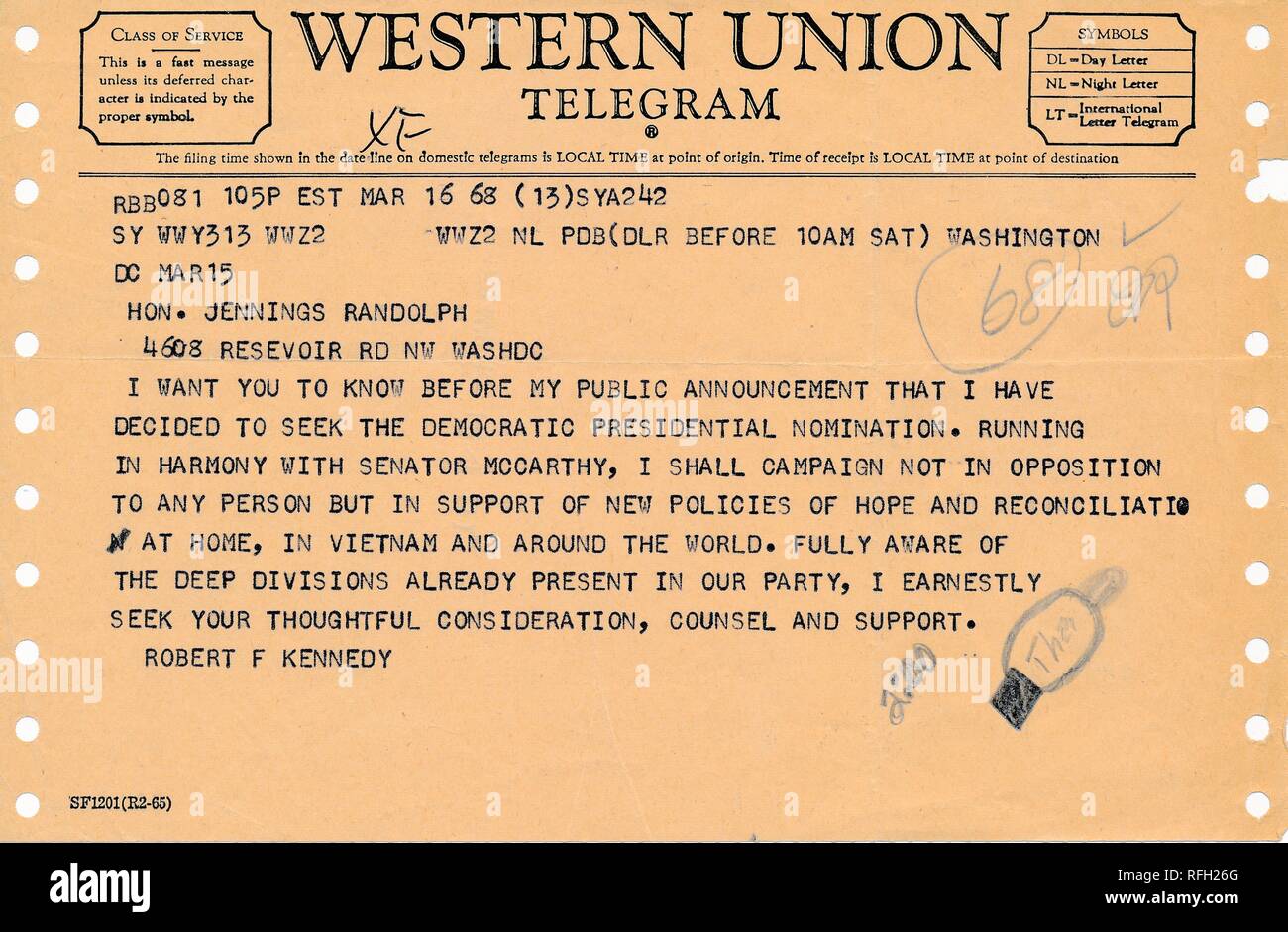 Western Union campaign telegram, issued by Robert Kennedy, to inform the Honorable Jennings Randolph, in Washington DC, of Kennedy's decision 'to seek the Democratic presidential nomination,' published during the Vietnam War, March 16, 1968. () Stock Photo