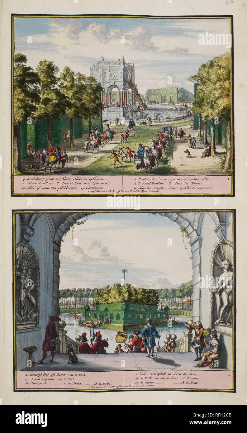 The Park at Enghien. A Collection of 86 plans and views of The Hague. Amsterdam, 1718. The Park at Enghien (ca. 1685). The upper scene shows the grand pavilion from one of the tree-lined avenues leading to it. A carriage drawn by six white horses and accompanied by three footmen drives down the centre of the avenue. Below can be seen the view from the grand entrance to the Italian-style island garden. Visitors are stepping onto the island from a small boat. Image taken from: A Collection of 86 plans and views of The Hague.  Published in Amsterdam, 1718. . Source: Maps.C.9.e.9.(84). Language: D Stock Photo