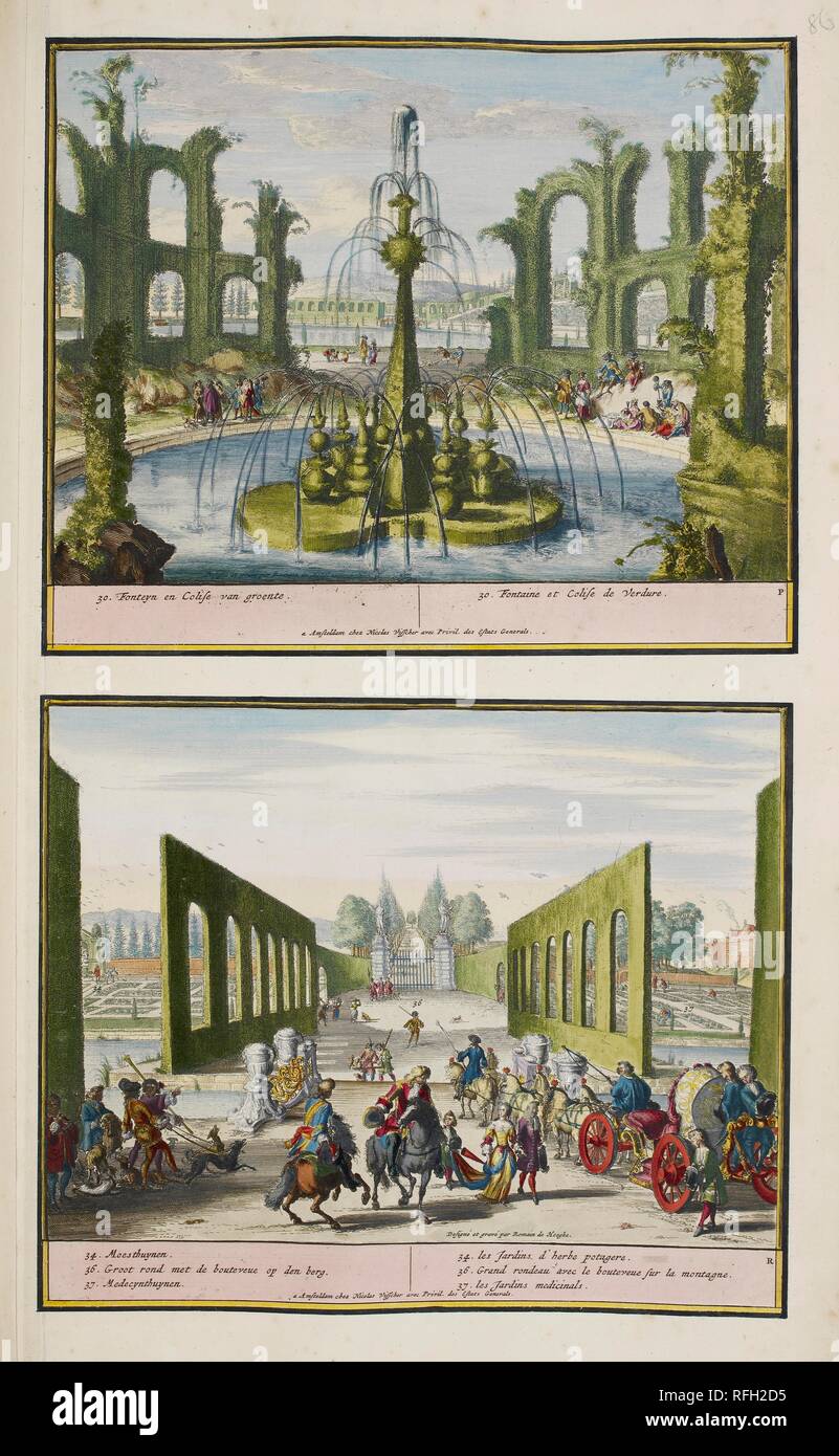 The Park at Enghien. A Collection of 86 plans and views of The Hague. Amsterdam, 1718. The Park at Enghien (ca. 1685). The scene above shows the green fountain and colosseum at the far north-east, viewed from the north, with the rest of the gardens in the distance, including the large hedge in the form of a screen which is seen at closer quarters in the lower print. The lower print looks across the large reservoir, with the kitchen garden and pavilion of Samson to the left and the herb garden to the right. Image taken from: A Collection of 86 plans and views of The Hague.  Published in Amsterd Stock Photo