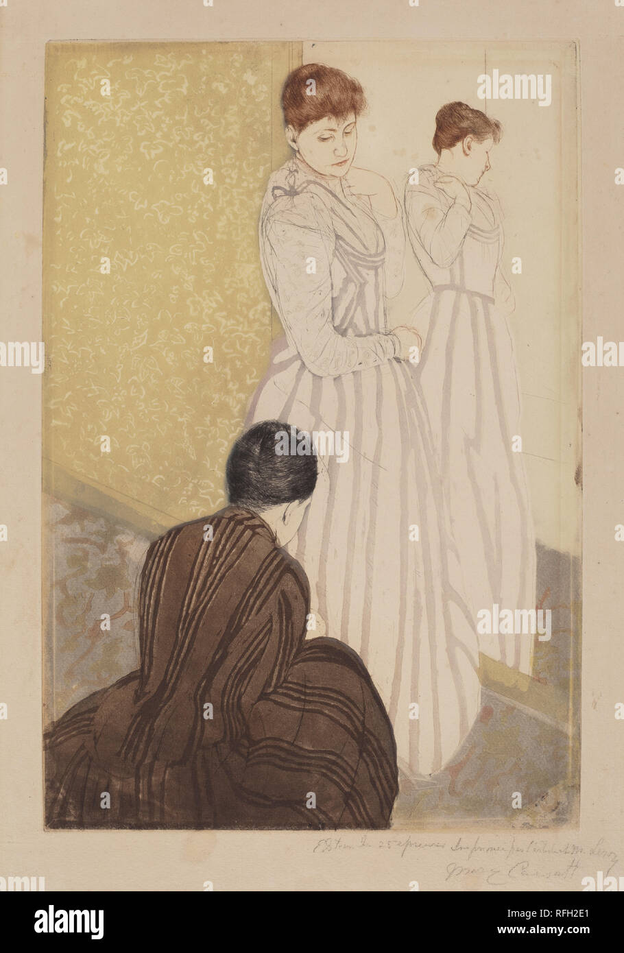 The Fitting. Dated: 1890-1891. Dimensions: plate: 37.5 x 25.4 cm (14 3/4 x 10 in.)  sheet: 47.8 x 30.8 cm (18 13/16 x 12 1/8 in.). Medium: color drypoint and aquatint on laid paper. Museum: National Gallery of Art, Washington DC. Author: Mary Cassatt. Stock Photo