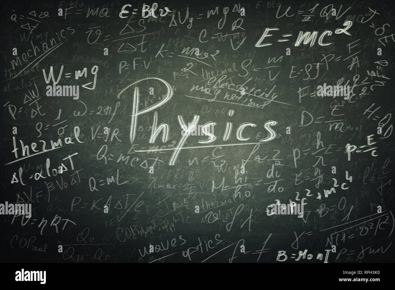 Blackboard background chalk written physics formulas and equations.  Education concept, opportunity for students to learn science theory law  Stock Photo - Alamy
