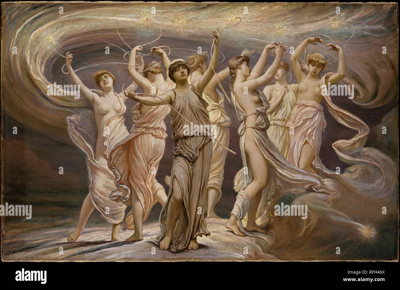 The Pleiades. Artist: Elihu Vedder (American, New York 1836-1923 Rome). Dimensions: 24 1/8 x 37 5/8 in. (61.3 x 95.6 cm). Date: 1885.  According to Greek mythology, the Pleiades were the seven daughters of Atlas and the nymph Pleione. Vedder used the Pleiades as his subject for the first illustration in the 'Rubaiyat of Omar Khayyam'. The seven female figures represent the horoscope of the astronomer-poet, Omar Khayyam. The two influences of Jupiter and the Pleiades, connected by the pleasure of the vine, are symbolized by the thread that entwines them. The central figure, whose thread is brok Stock Photo