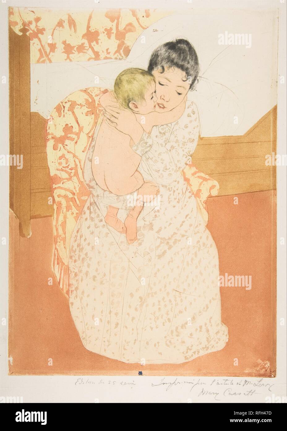 Maternal Caress. Artist: Mary Cassatt (American, Pittsburgh, Pennsylvania 1844-1926 Le Mesnil-Théribus, Oise). Dimensions: plate: 14 3/8 x 10 9/16 in. (36.5 x 26.8 cm)  sheet: 17 1/4 x 11 15/16 in. (43.8 x 30.3 cm). Date: 1890-91.  In her clear-headed treatment of mothers and infants, Cassatt was, for her time, entirely alone. 'The bunch of English and French daubers have put them in such stupid and pretentious poses!' complained the critic J.-K. Huysmans, contrasting them with Cassatt's 'irreproachable pearls of Oriental sweetness.'. Museum: Metropolitan Museum of Art, New York, USA. Stock Photo