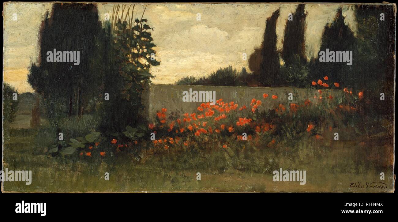 Cypress and Poppies. Artist: Elihu Vedder (American, New York 1836-1923 Rome). Dimensions: 9 3/4 x 20 in. (24.8 x 50.8 cm). Date: ca. 1880-90.  Although he is best known for his visionary and mystical works, Vedder developed a lifelong interest in painting the Italian countryside during the 1860s while living in Florence. There Vedder associated with a group of Italian landscape artists known as the Macchiaioli. These painters eschewed academic practice and drew inspiration from the plein-air works of French artists such as Gustave Courbet. Probably painted in Rome in the 1880s, Cypress and Po Stock Photo