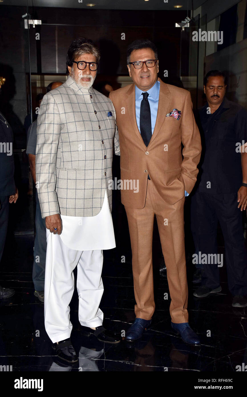 Actor Boman Irani (R) with actor Amitabh Bachchan (L) seen at the launch of Irani's production house ''Irani Movietone'' in hotel JW Marriott juhu, Mumbai. Stock Photo