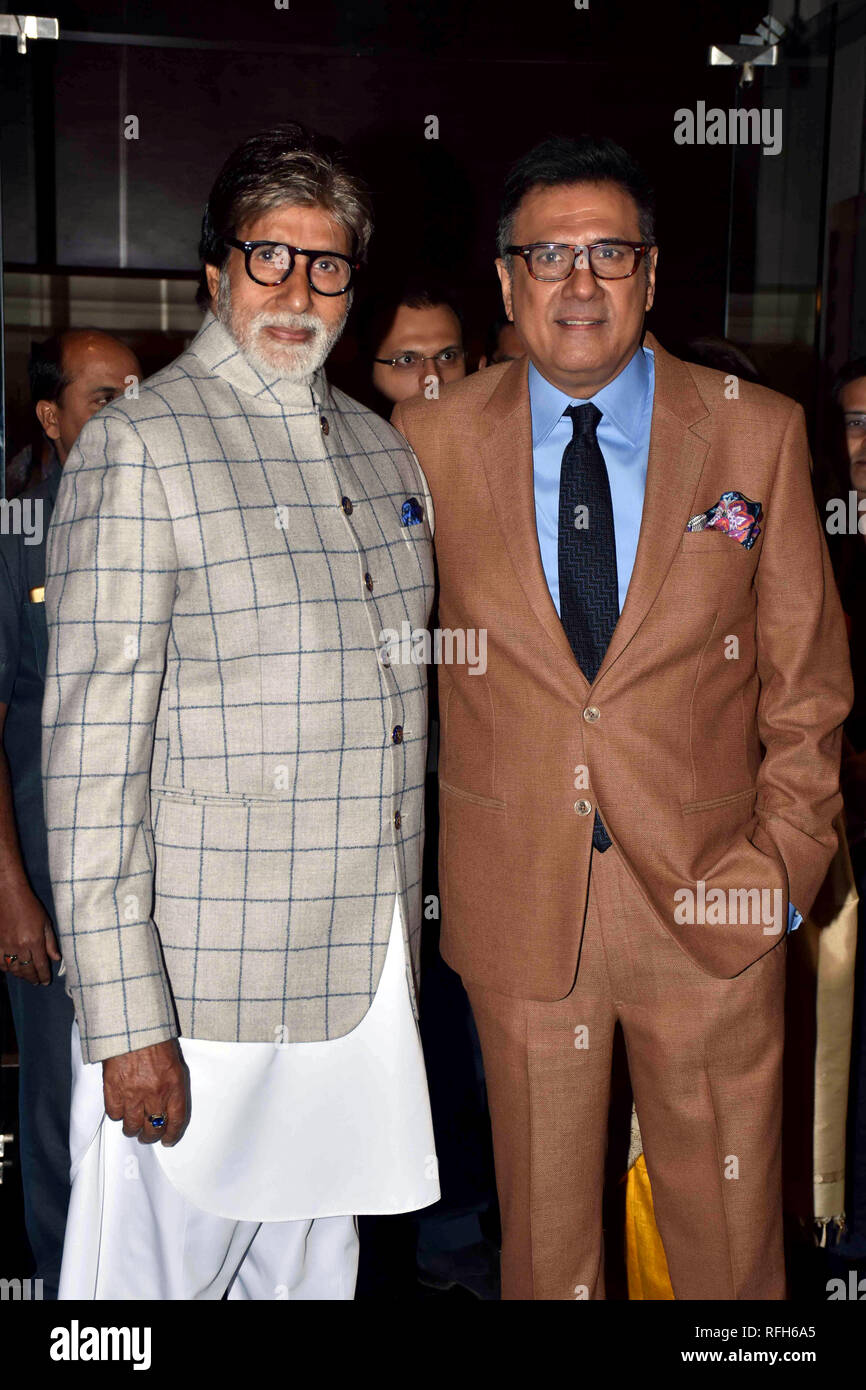 Actor Boman Irani (R) with actor Amitabh Bachchan (L) at the launch of Irani's production house ''Irani Movietone'' in hotel JW Marriott juhu, Mumbai. Stock Photo